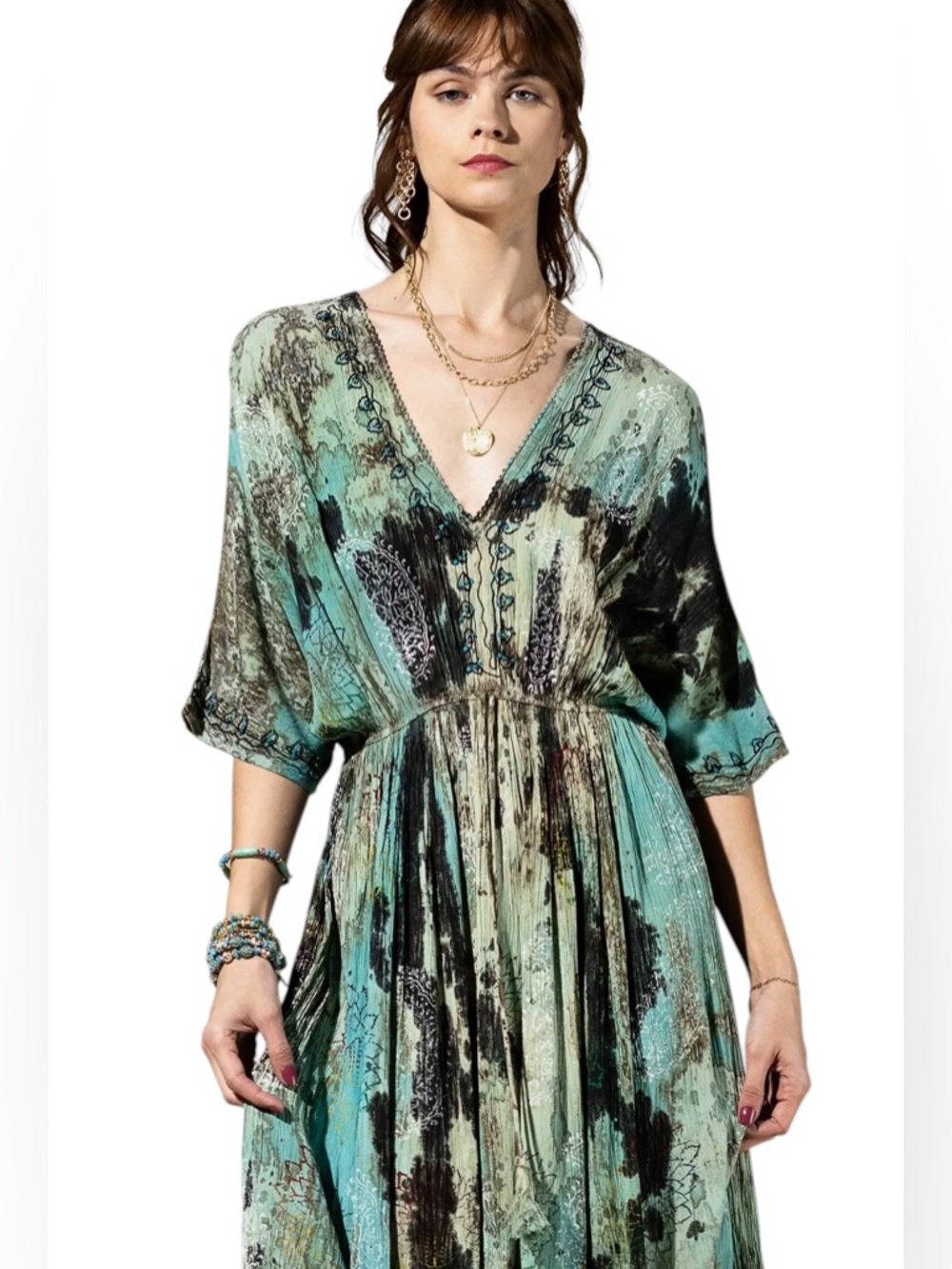 Riverstone Boho V-Neck Rayon Tie Dye Midi Dress - Picture 2 of 3
